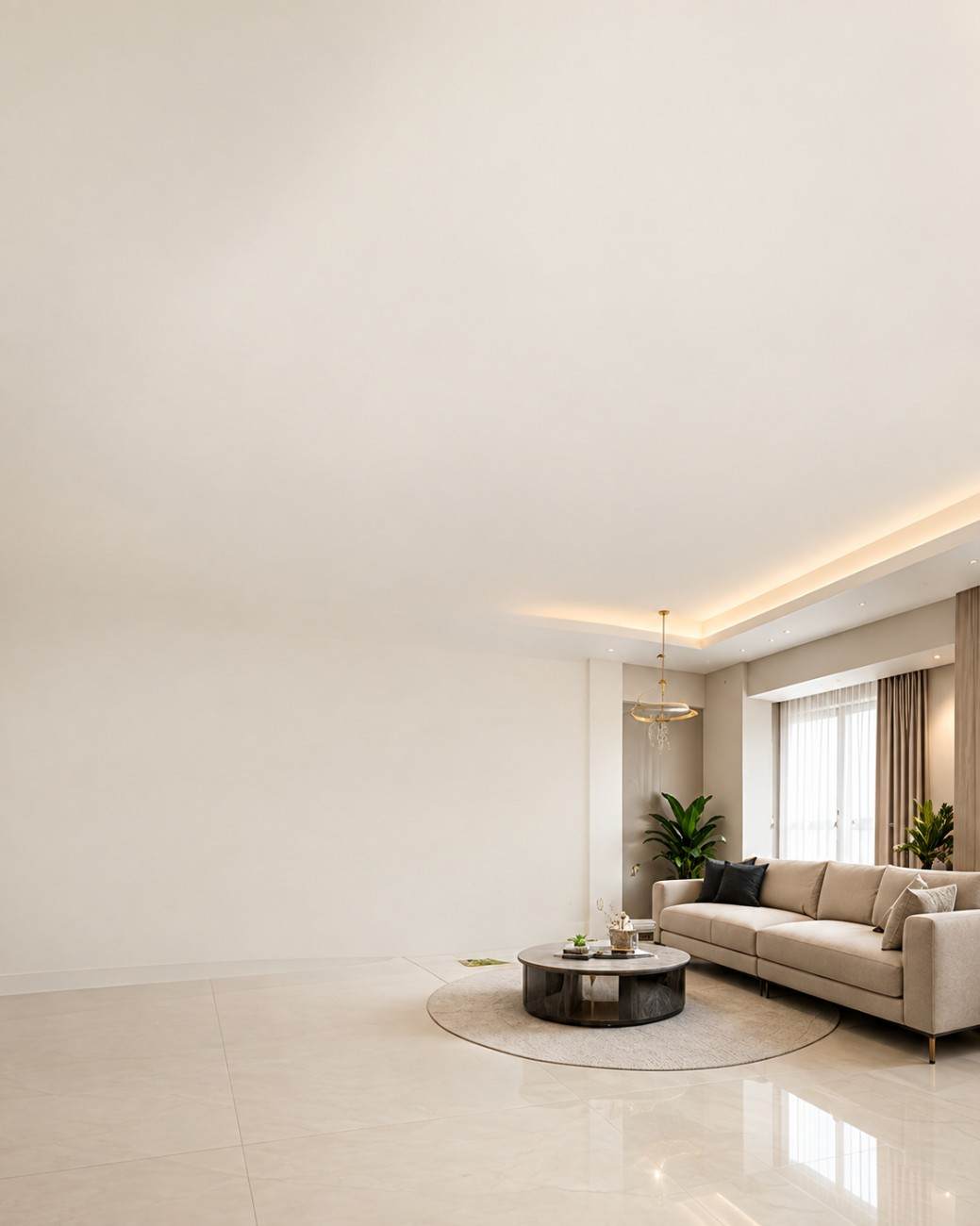 Interior work sequence showing gypsum ceiling before floor tiling