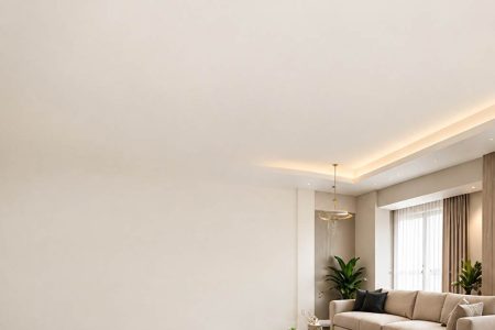 Interior work sequence showing gypsum ceiling before floor tiling