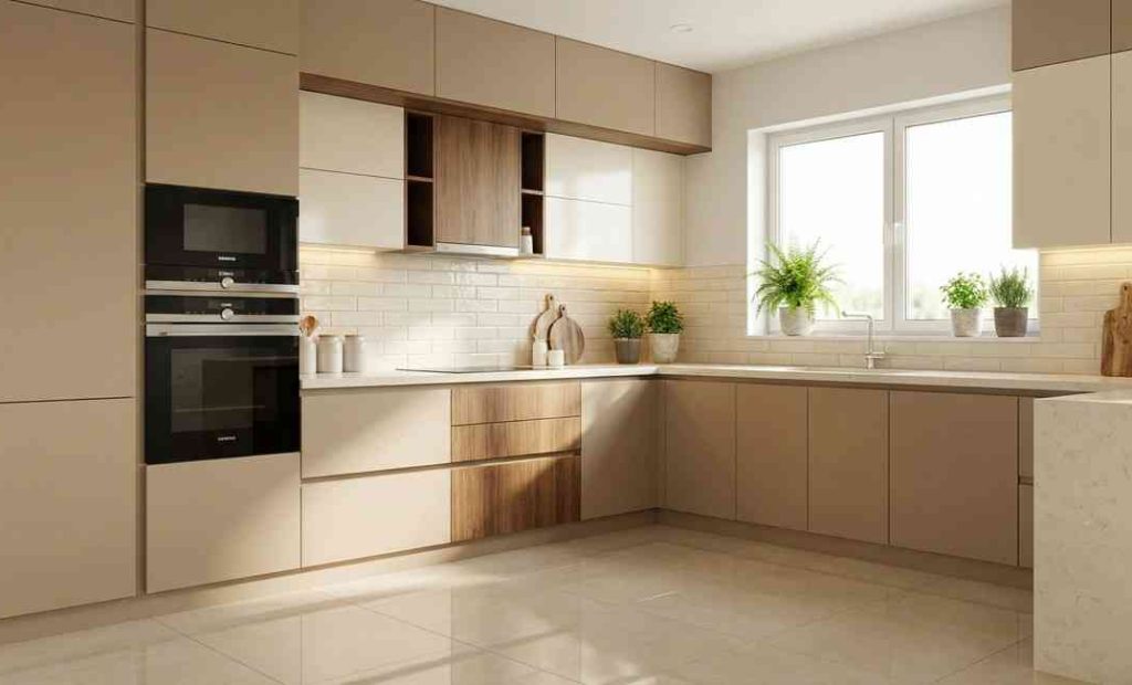 L shape modular kitchen with modern finishes and space-saving layout