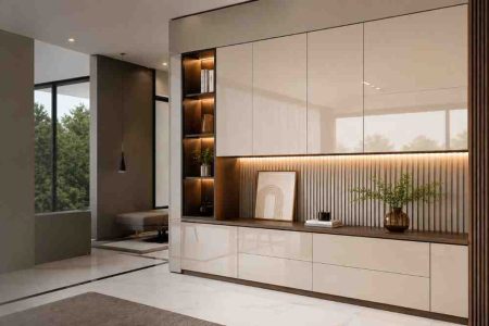 Premium acrylic finish modular kitchen with high-gloss cabinets in a modern home interior