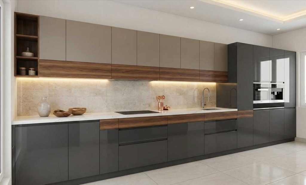 Straight modular kitchen design with sleek cabinets and modern finish