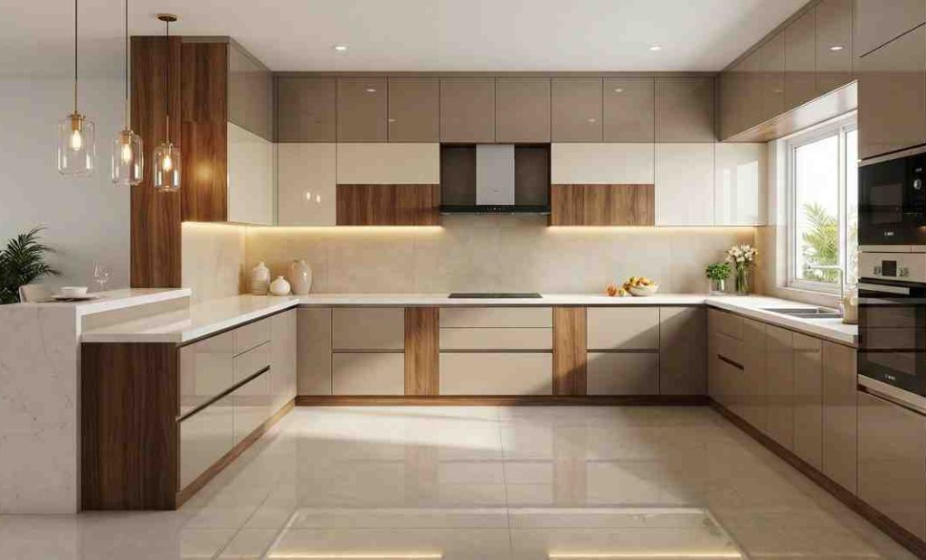 U shape modular kitchen with premium cabinetry and maximum workspace