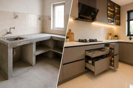 Comparison of a traditional concrete kitchen slab and a modern modular kitchen with efficient storage solutions