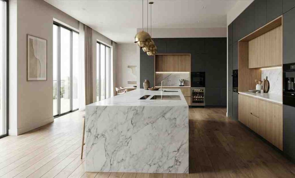 Island modular kitchen with modern island counter and luxury design